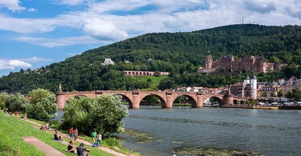 Blick von der Neckarwiese auf die Alte Brücke und auf das Schloss