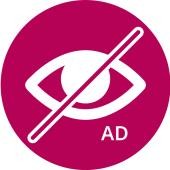 Piktogramm Audiodeskription durchgestrichenes stilisiertes Auge, darunter die Buchstaben AD