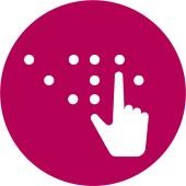 Piktogramm Brailleschrift Punkte, die die Brailleschrift darstellen und eine Hand, die liest.