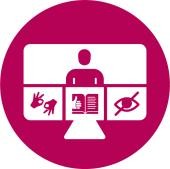 Piktogramm Digitale Barrierefreiheit stilisierter Bildschirm, im oberen Teil ein angedeuteter Mensch, im unteren Teil zwei Hände für DGS, ein Buch mit Hand und Daumen nach oben für Einfache Sprache und ein stilisiertes durchgestrichenes Auge für Sehbehinderung