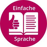 aufgeschlagenes Buch, Hand mit Daumen nach oben und Worte Einfache Sprache