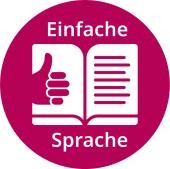 Piktogramm Einfache Sprache aufgeschlagenes Buch, Hand mit Daumen nach oben und Worte Einfache Sprache
