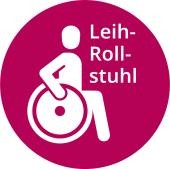 Piktogramm Leih-Rollstuhl Mensch im Rollstuhl und daneben das Wort Leih-Rollstuhl
