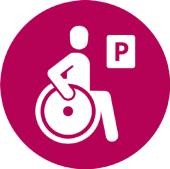 Piktogramm PKW-Stellplatz Mensch im Rollstuhl und ein P auf weißem Grund.