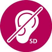 Piktogramm Schriftdolmetschende Bild mit durchgestrichenem Ohr und den Buchstaben SD für Schriftdolmetschende