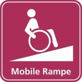 Piktogramm Mobile Rampe Mensch im Rollstuhl auf Schräge und darunter die Worte Mobile Rampe