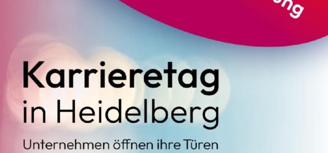 Schlichtes Plakat mit Hintergrund in magenta-rot und hellblau mit Überschrift "Karrieretag in Heidelberg"