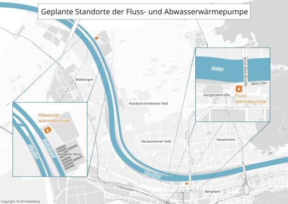 Geplante Standorte der Fluss- und Abwasserwärmepumpe (Grafik: Stadt HD) Geplante Standorte der Fluss- und Abwasserwärmepumpe (Grafik: Stadt HD)