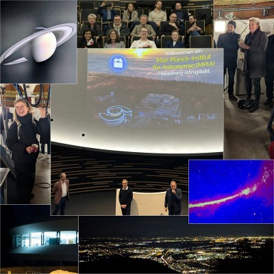 Für die Bündnismitglieder gab es eine Planetariumsshow. (Foto: Sabine Arndt, Stadt Heidelberg) Eine Collage von Bildern, die Menschen in einem Planetarium zeigen.