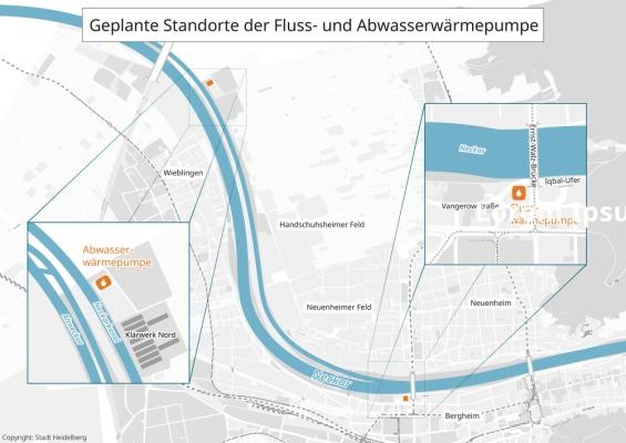 Die Stadtwerke Heidelberg haben Fördermittel für drei Projekte bewilligt bekommen – darunter die geplante Flusswärmepumpe in Bergheim und die Abwasserwärmepumpe im Norden. Die Grafik zeigt den Flussverlauf des Neckars und die Positionen der beiden neuen Wärmepumpen entlang seines Ufers.