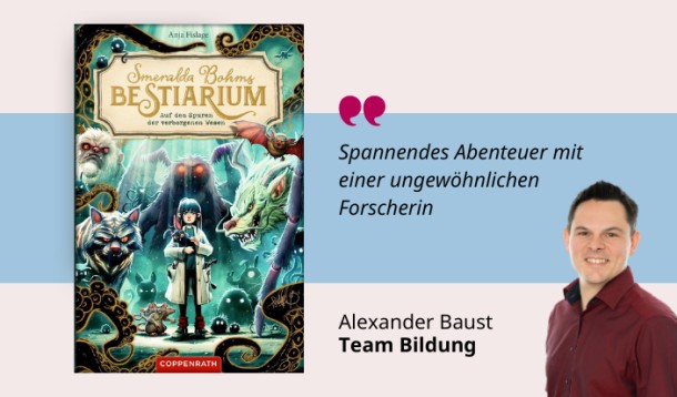 Medientipp Mai, Buchcover The Darlington (Grafik: Canva, Stadtbücherei Heidelberg) Grafik mit Buchcover, Teasertext und Bild der Person, die den Medientipp abgibt