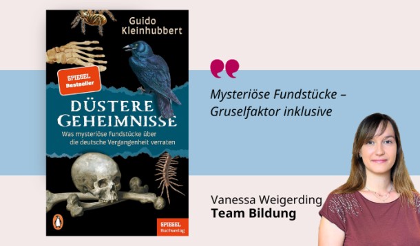 Medientipp Mai, Buchcover Düstere Geheimnisse (Grafik: Canva, Stadtbücherei Heidelberg) Grafik mit Buchcover, Teasertext und Bild der Person, die den Medientipp abgibt