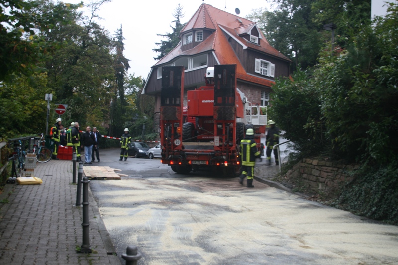 Fahrbahn ist mit Kraftstoff verschmutzt (Foto: Berufsfeuerwehr Heidelberg)