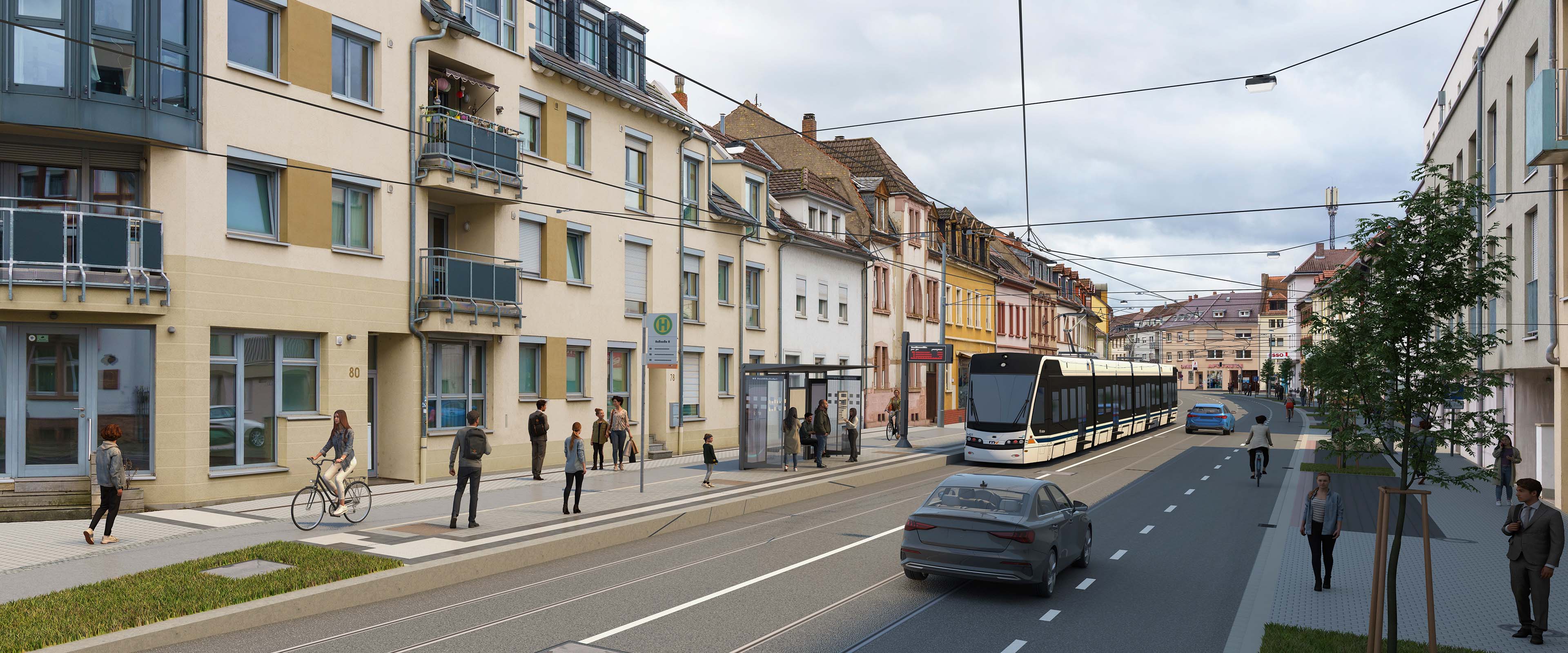 Blick in eine Straße mit Wohnbebauung, Auto und Straßenbahn