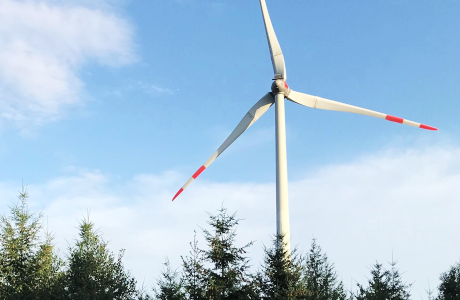 Windkraftanlage über Bäumen
