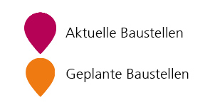 Legende: heidelbeerfarbener Pin steht für aktuelle, orangefarbener für geplante Baustellen Legende: heidelbeerfarbener Pin steht für aktuelle, orangefarbener für geplante Baustellen