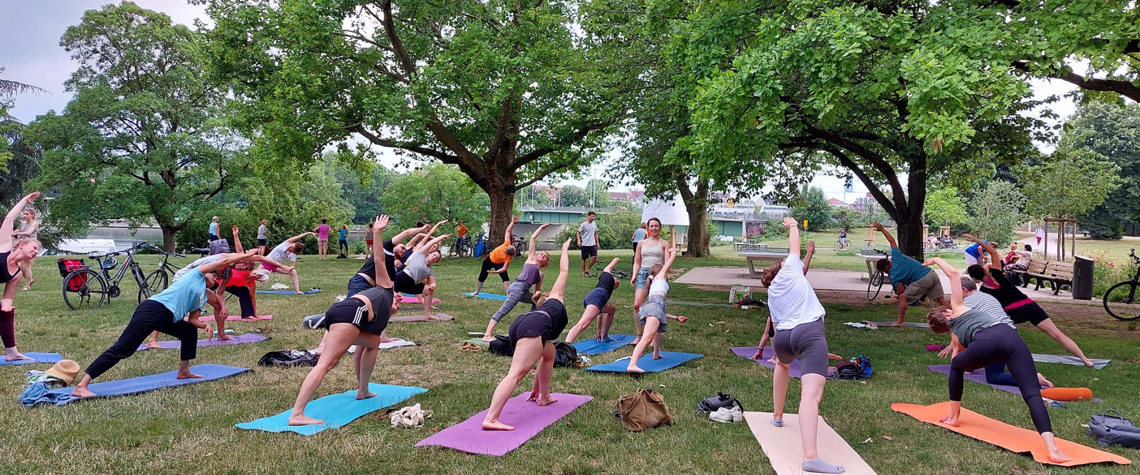 Yoga-Gruppe auf der Wiese beim Üben