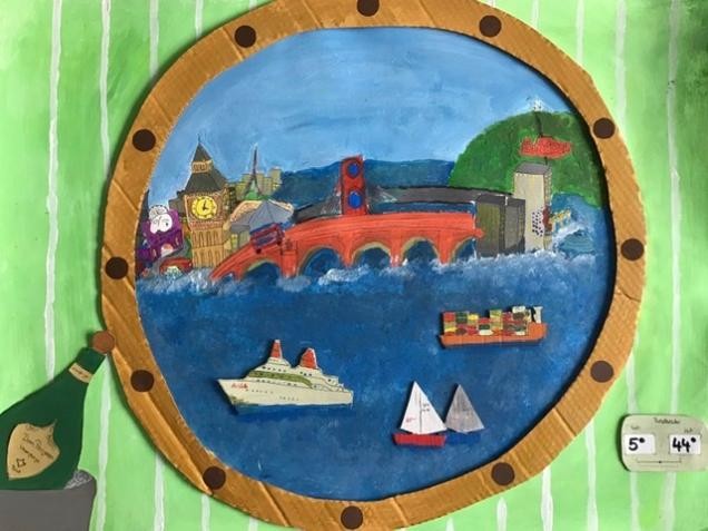 Bastian malte und gestaltete zum Thema "Mein europäisches Sichtfenster" ein Bullauge eines Schiffes, mit Blick auf verschiedene Sehenswürdigkeiten Europas.
