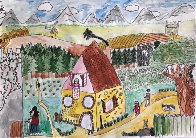 Hannah malte die Begegnung europäischer Märchenfiguren. Sie sind in einer  Landschaft mit einem Haus im Vordergrund und Wald und Bergen im Hintergrund.