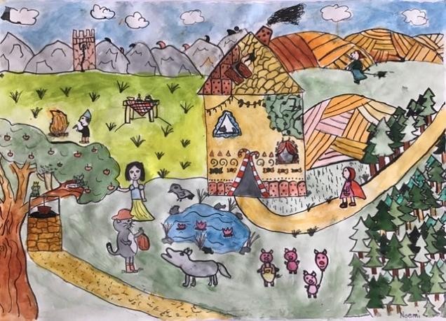 Noemi maltze die Begegnung europäischer Märchenfiguren. Man sieht zum Beispiel Rotkäppchen, den gesteifelten Kater und den Froschkönig vor einem Pfefferkuchenhaus. 