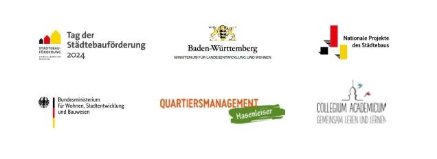 Logos: Tag der Städtebauförderung 2024, Land Baden-Württemberg Ministerium für Landesentwicklung und Wohnen, Nationale Projekte des Städtebaus, Bundesministerium für Wohnen, Stadtentwicklung, Bauwesen, Quartiersmanagement Hasenleiser, Collegium Academicum