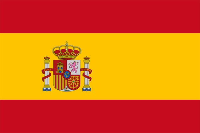 Flagge Spanien: roter, gelber und roter Balken vertikal, wobei der gelbe Balken etwas breiter ist, mit dem Landeswappen im linken Drittel.