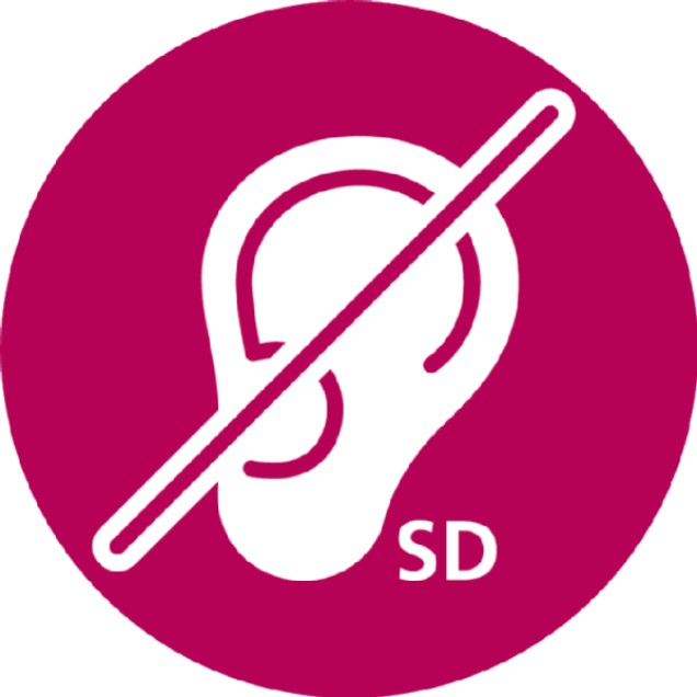 Bild mit durchgestrichenem Ohr und den Buchstaben SD für Schriftdolmetschende
