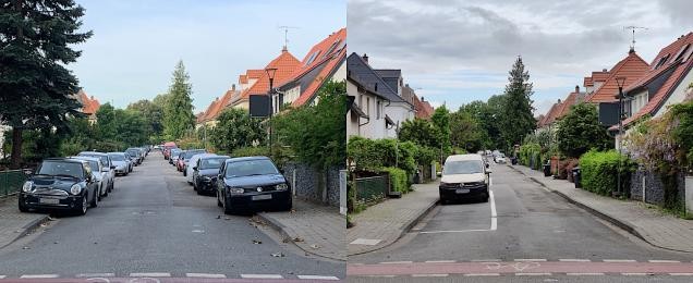 Die Bachstraße vor und nach der Neuordnung. (Foto links 2022, rechts 2023: Stadt HD)