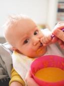 Ein Baby mit Lätzchen wird mit dem Löffel gefüttert und schaut mit karotten-verschmiertem Gesicht in die Kamera. Dabei hält es das Ende des Löffels selber mit fest.(Foto: Jule Stephany)
