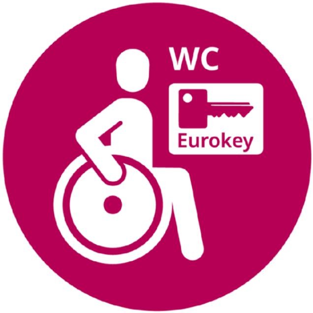 Eine Person, die im Rollstuhl sitzt. Daneben die Buchstaben WC, darunter ein Schlüssel und das Wort Eurokey
