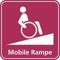 Mensch im Rollstuhl auf Schräge und darunter die Worte Mobile Rampe