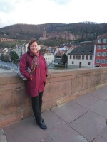 Judith Rossell, writer in residence 2020/22, on the Old Bridge in Heidelberg.