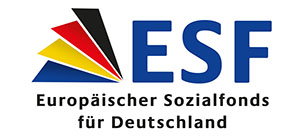 Logo des Europäischen Sozialfonds für Deutschland: die Farben schwarz, rot, gelb und blau gefächert neben der Abkürzung ESF für Europäischer Sozialfonds stehend.