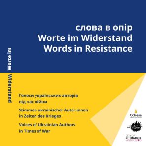 Title "Words in Resistance. Voices of Ukrainian Authors in Times of War" on Ukrainian flag