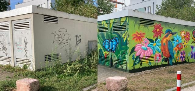 Vorher-Nachher-Bild: Ein graues Trafohäuschen und ein bemaltes mit Blumen, Schmetterlingen und einem Vogel