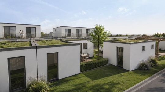 Der Tiny Wohnpark erhält – wie diese Visualisierung zeigt – attraktive Gemeinschaftsflächen, deren Nutzung in der Warmmiete enthalten sein werden. (Visualisierung: Tiny Park GbR) Begrünte Dächer und Gartenflächen
