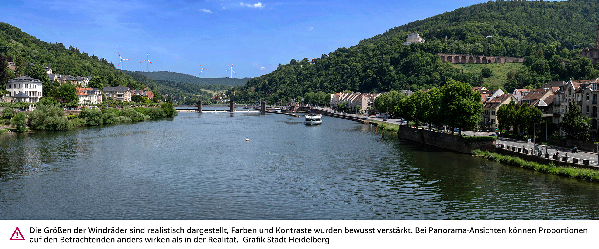 Visualisierung der möglichen Windkraftanlagen mit Blick auf das Neckartal von der Alten Brücke.