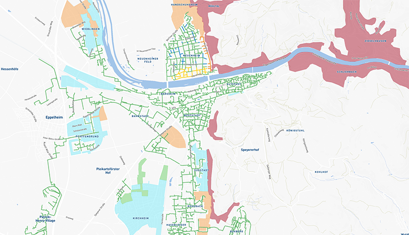 Fernwärmeausbau in Neuenheim (Grafik: Stadtwerke Heidelberg) Karte von Heidelberg. Ausbau ab 2024 in Teilen Neuenheims, Ausbau ab 2025 in den Höhenlagen, Ausbau ab 2026 in Neuenheim