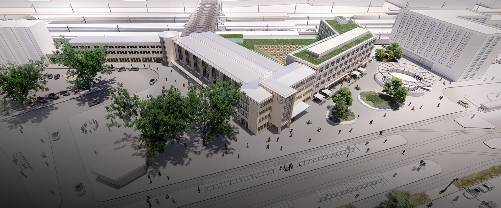 Begrünter Innenhof mit Atrium, Anbau mit Außengastronomie und begrünter Vorplatz mit Eingang zum neuen Fahrradparkhaus
