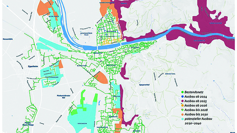 Der breit angelegter Fernwärmeausbau beginnt in Neuenheim und Handschuhsheim-Süd. Insgesamt werden dort 24 Straße an die Fernwärme angebunden. (Grafik: Stadtwerke Heidelberg ) Karte von Heidelberg