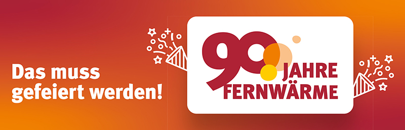 Schon seit 1934 versorgen die Stadtwerke Heidelberg Kundinnen und Kunden mit Fernwärme. Seitdem wird diese immer grüner und nachhaltiger und das Fernwärmenetz immer größer. Logo 90 Jahre Fernwärme