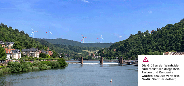 Visualisierung der möglichen Windenergieanlagen. (Grafik/Foto: Stadt Heidelberg/Buck) Visualisierung der möglichen Windkraftanlagen mit Blick auf das Neckartal von der Alten Brücke.